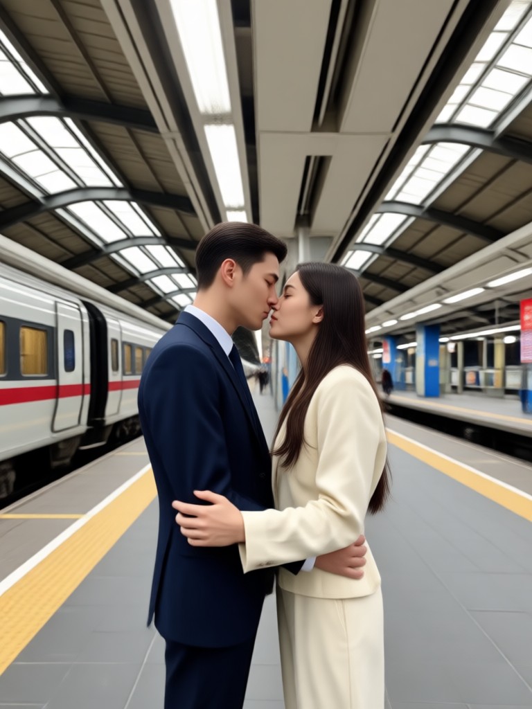 눈 내리는 홀리데이 기차역 키스 장면