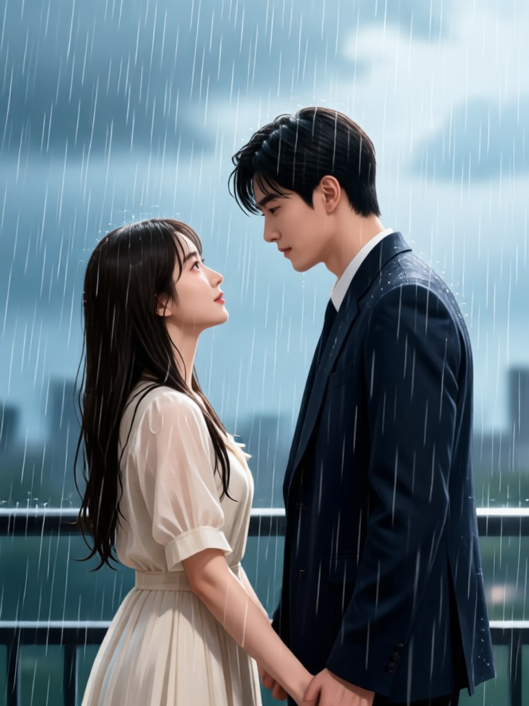 Escena juguetona bajo la lluvia al estilo de comedia romántica