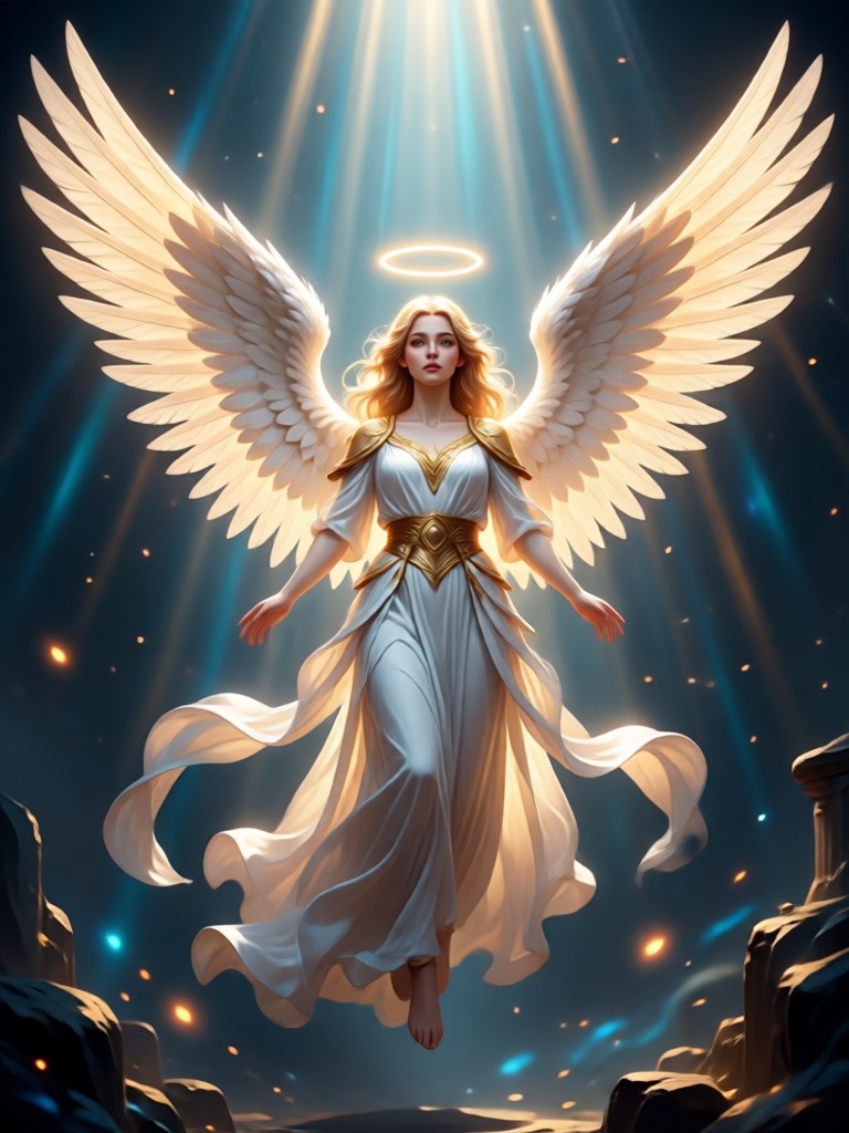 Angel of music with harp and flowing melodic light