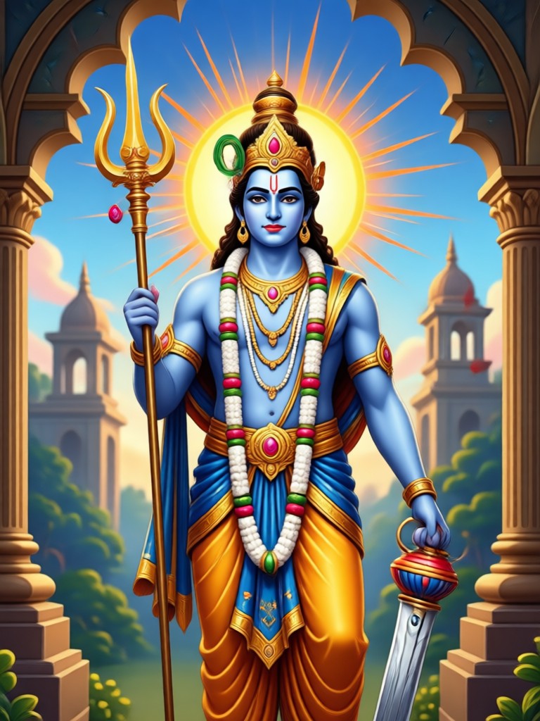 Krishna blue skin playing flute under kadamba tree AI art