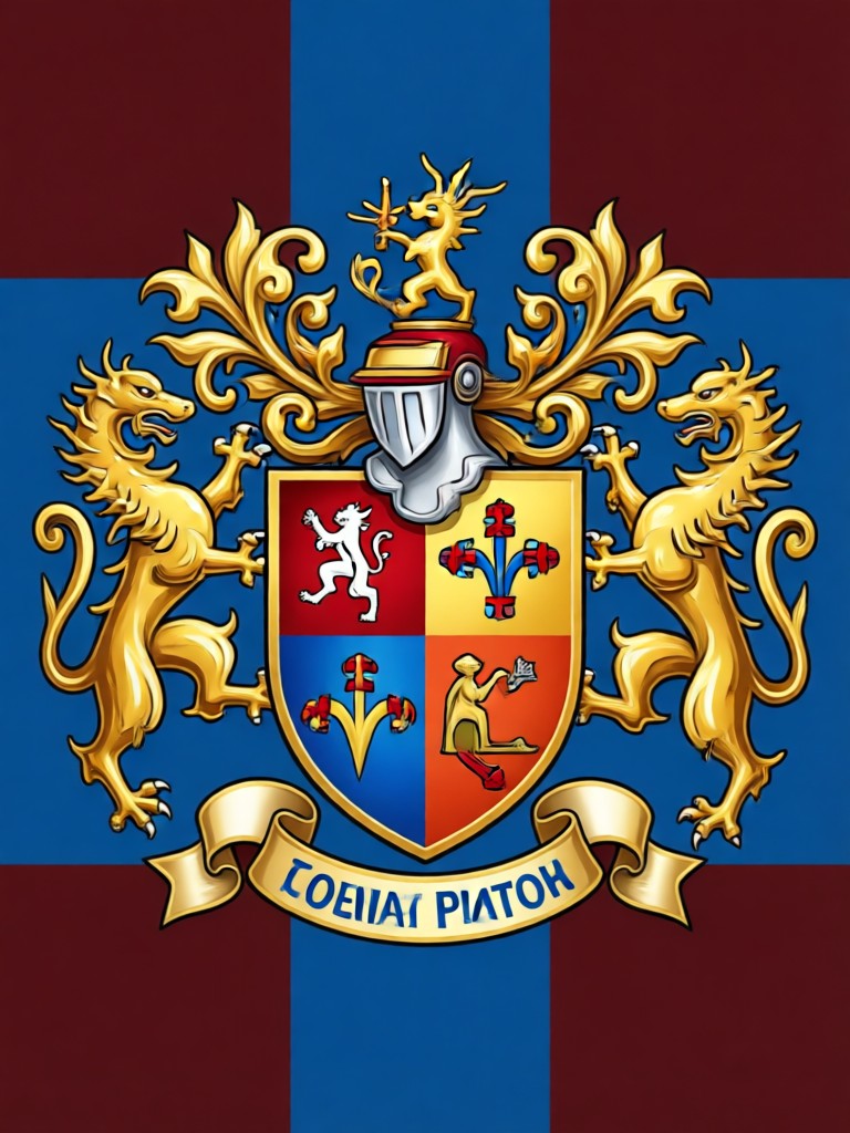 Lambang heraldik fantasi dengan rune berpendar dan makhluk mistis