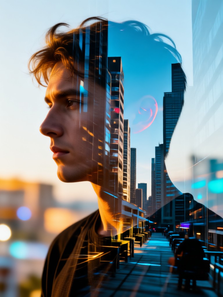 Urban double exposure with city skyline over couple silhouette