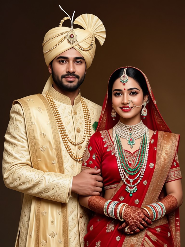Couple in royal attire with majestic elephant backdrop
