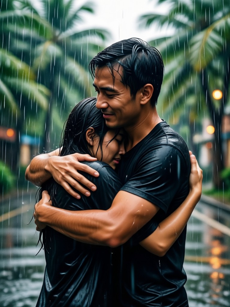 Realistic monsoon couple hug video with heavy rain