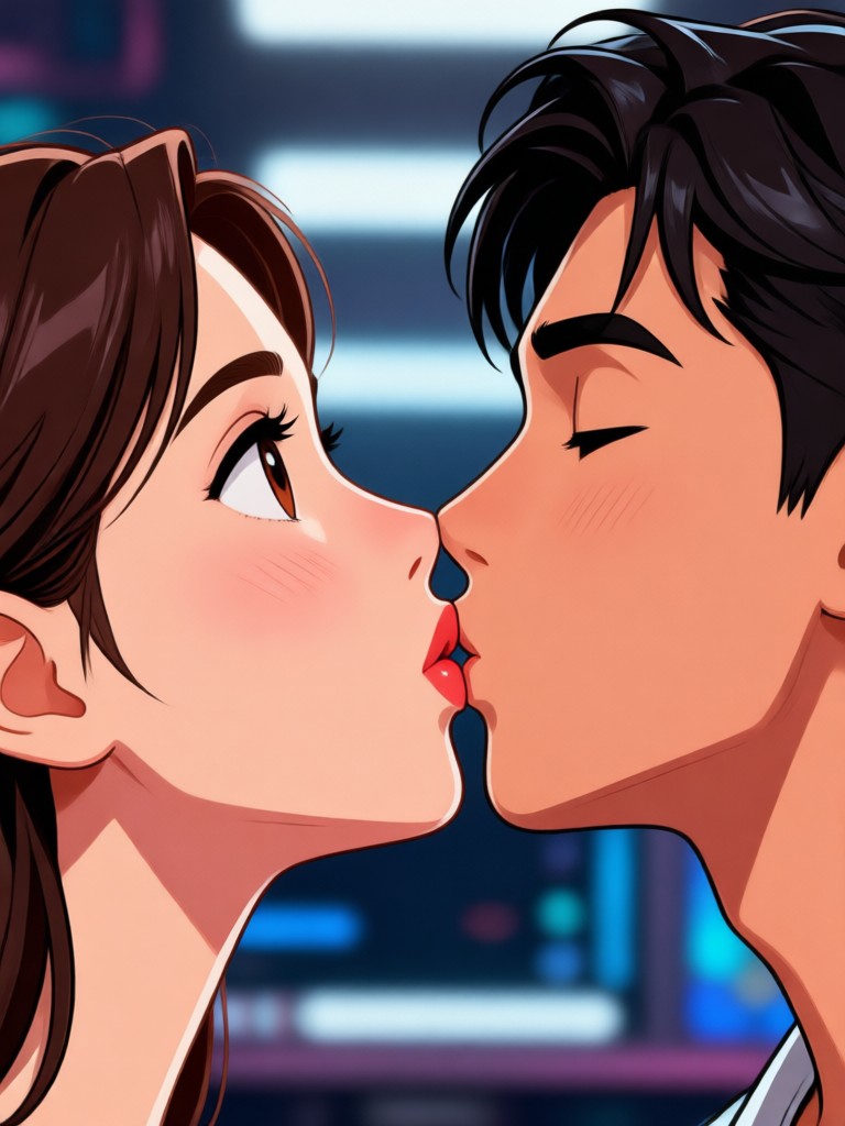 Couple photo transformed into animated kiss