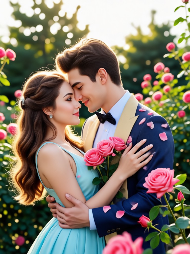 Romantic golden hour photoshoot with scattered red petals