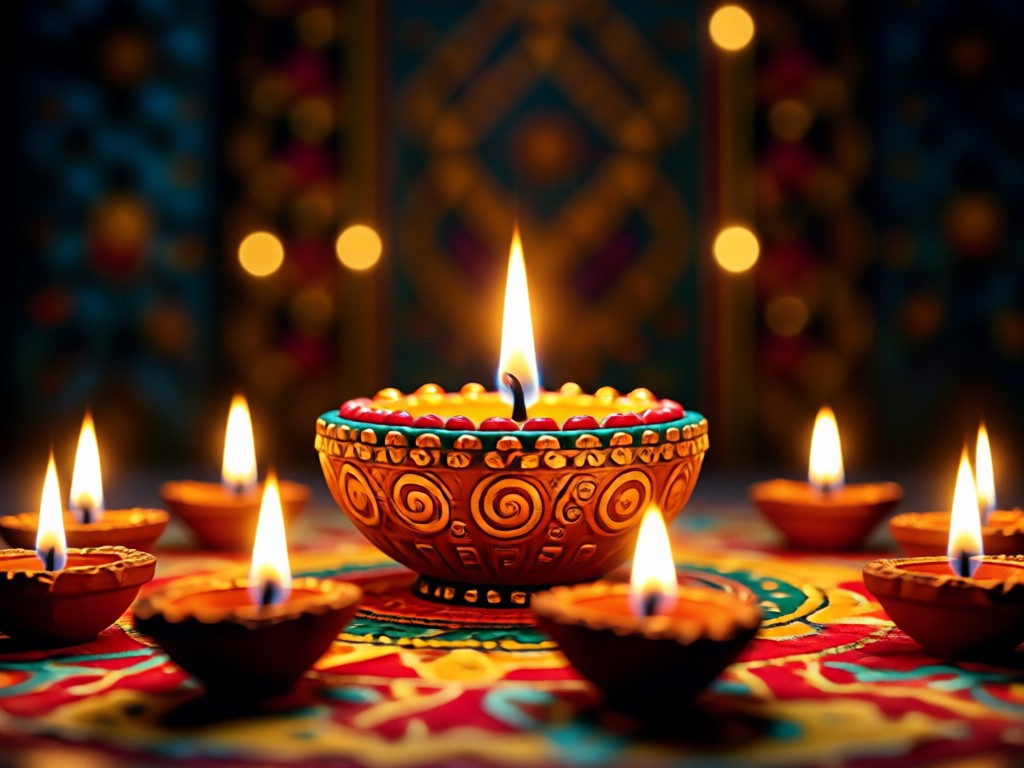 Photo enhanced with AI generated Diya lamps and golden light reflections