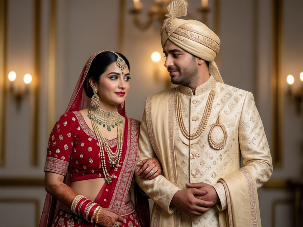AI fitting lehenga sherwani on couple pose