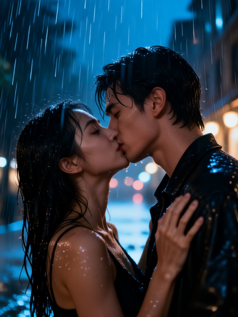 Dramatic lighting rainy night kiss