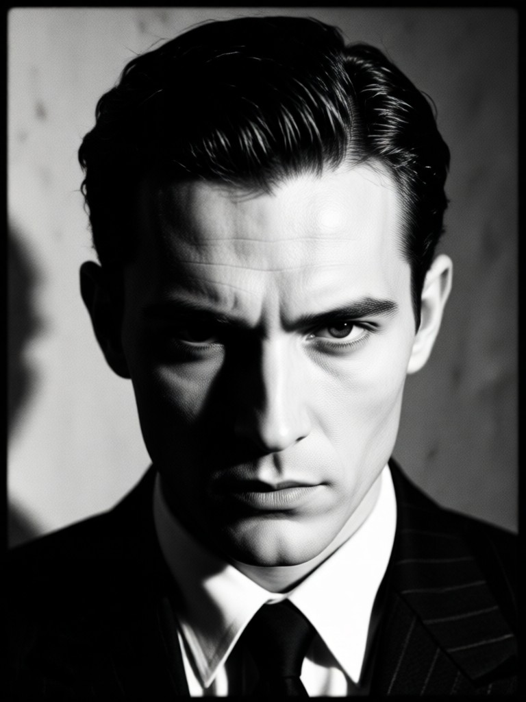 Retrato cinematográfico evocando um still clássico de filme noir