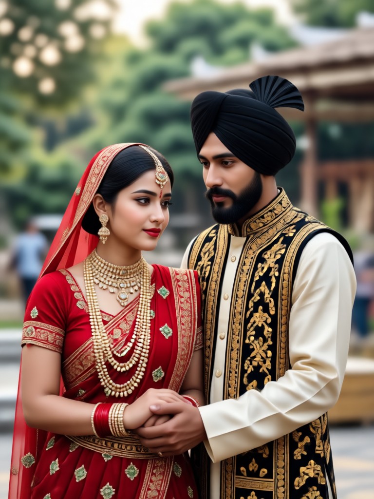AI generated portrait with vibrant orange and pink Punjabi outfits