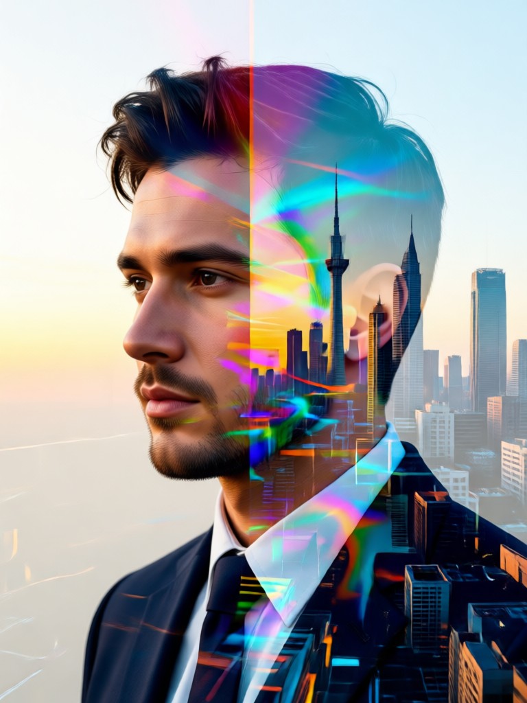 AI double exposure with neon lights
