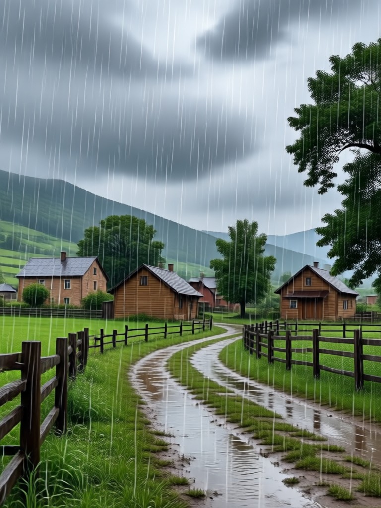 Oil painting style rainy countryside path AI