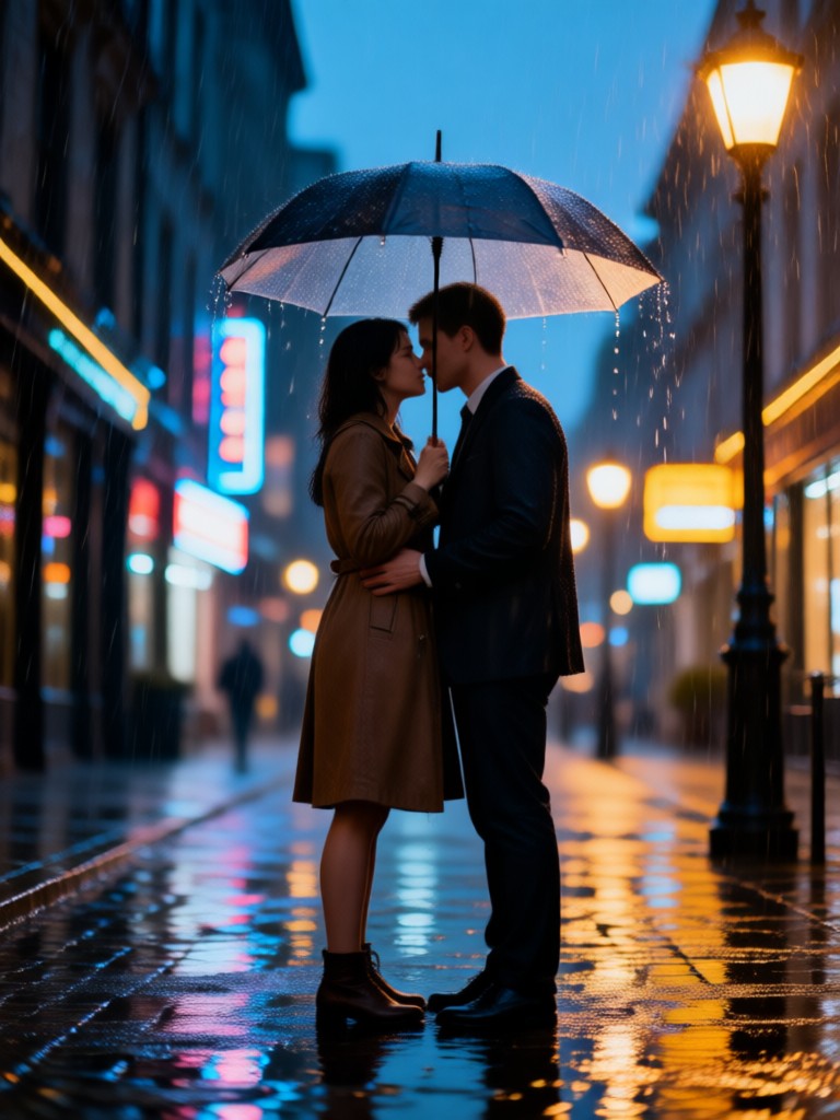 AI generated couple embracing in a rainy city scene