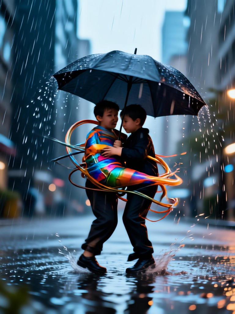 epic slow motion rain hug with cinematic lighting