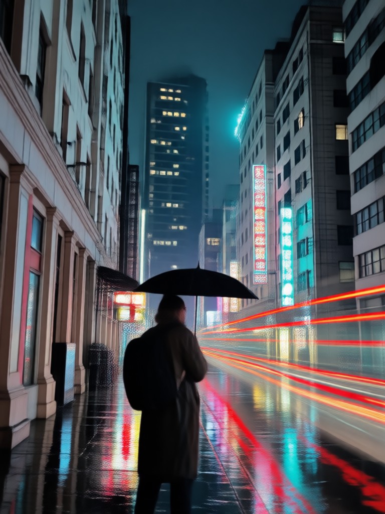 Cinematic rain hug under neon umbrella AI