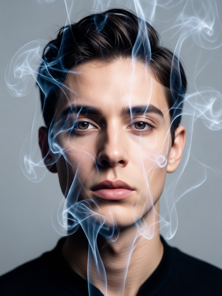 retrato de artista combinado con humo de pintura