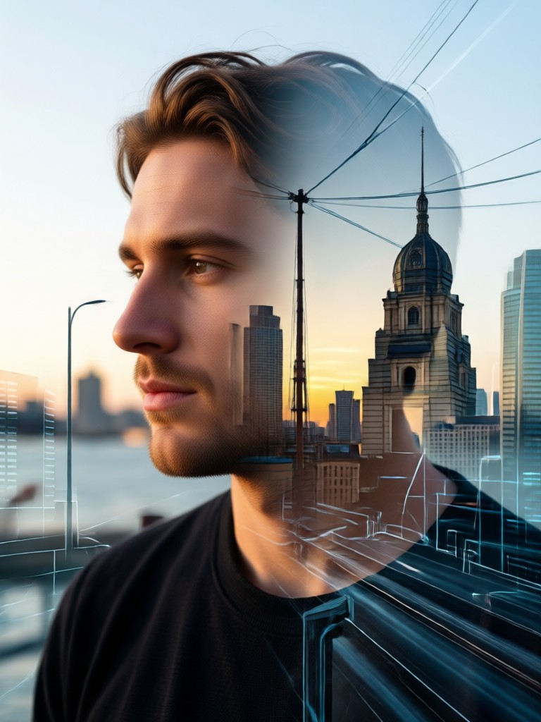 Profile photo merged with starry night sky double exposure