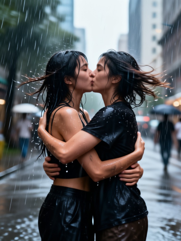 Dramatic black and white rain embrace