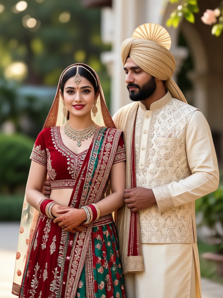 Couple in white and gold Pakistani wedding outfits