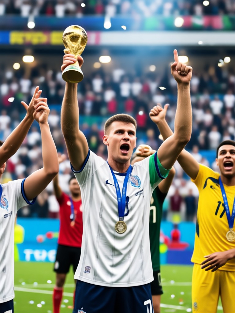 Trophy lift celebration with golden confetti