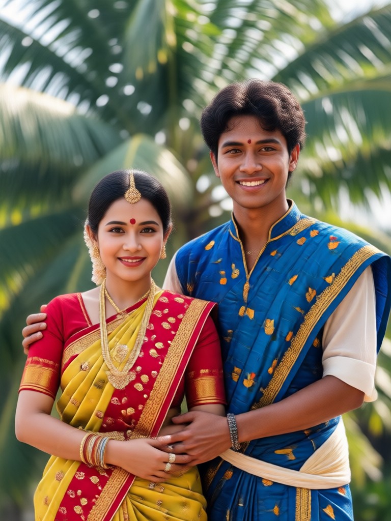 Kerala traditional couple in a serene backwater setting