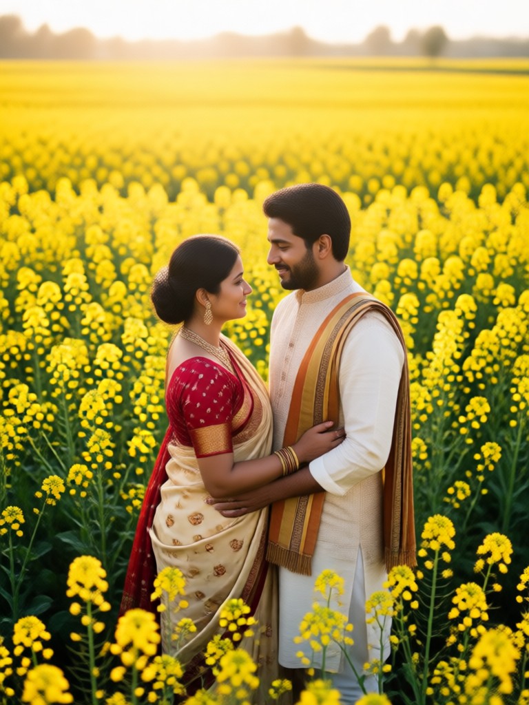 Close up portrait of smiling couple in yellow field