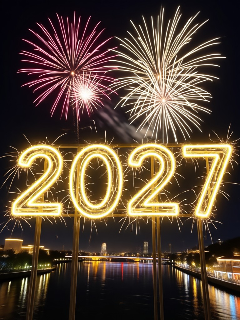 Panorama urbano com sobreposição de contagem regressiva 2027