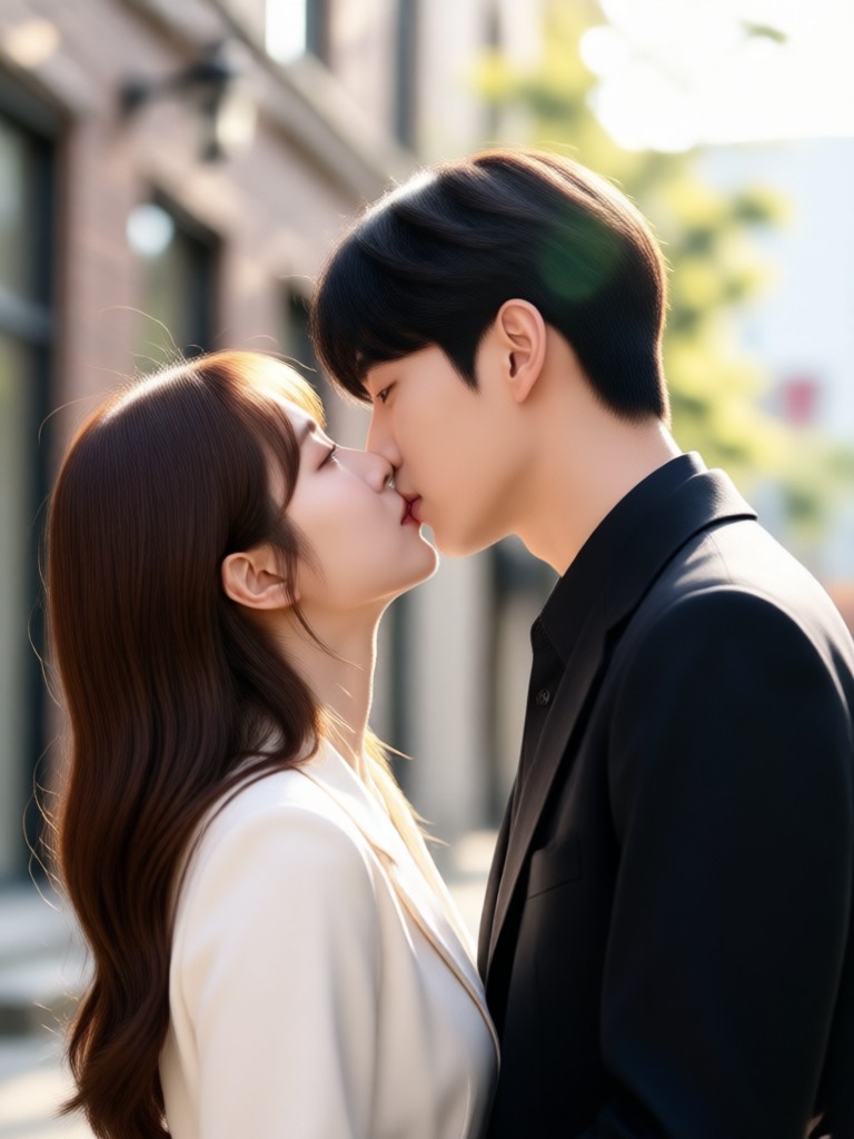 Snowy scene romantic kiss