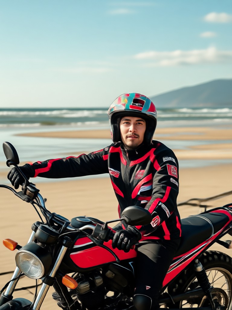 Rider looking at the horizon from a motorcycle on a tropical beach AI art