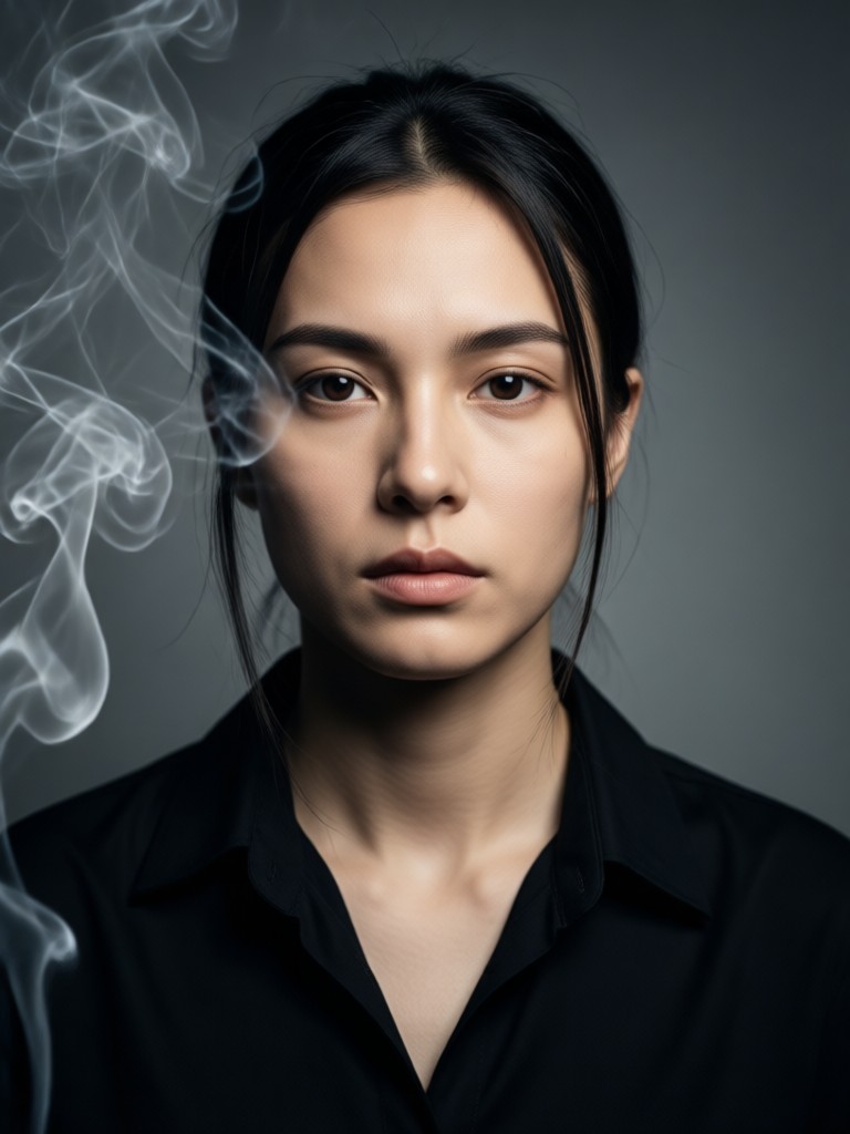 Retrato femenino etéreo con efecto de neblina blanca