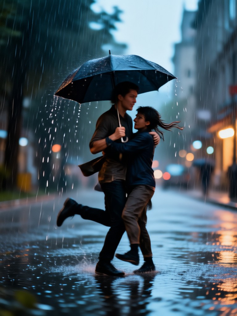 Dramatic cinematic rain embrace in a city