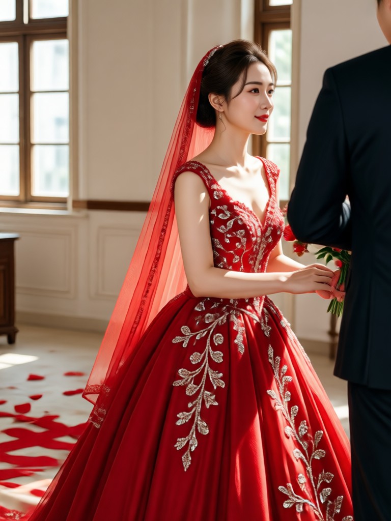 Boho inspired red wedding attire AI creation