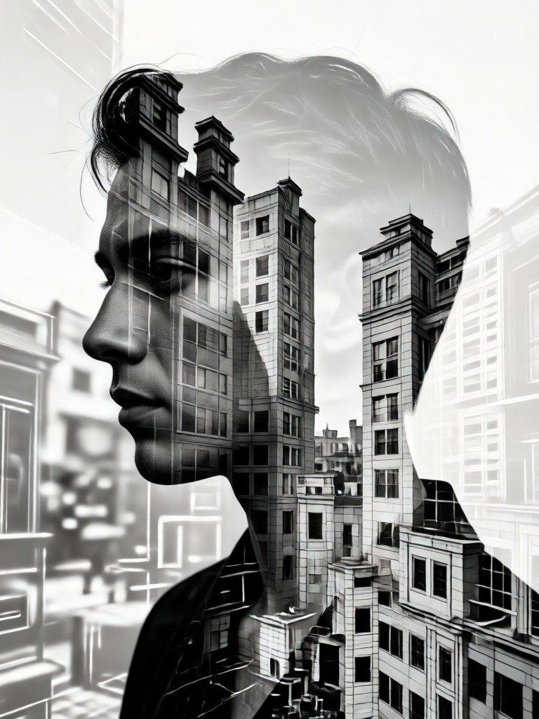 double exposure portrait with architectural lines