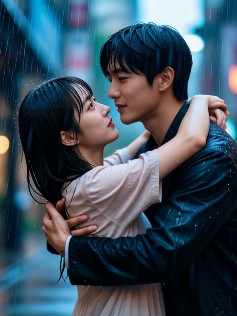 우산 장면 로맨틱 포옹
