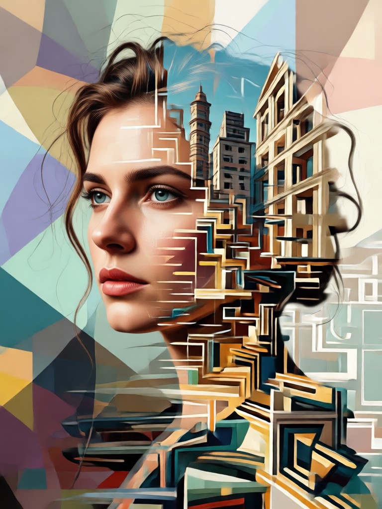 Electronic music portrait merged with neon city lights