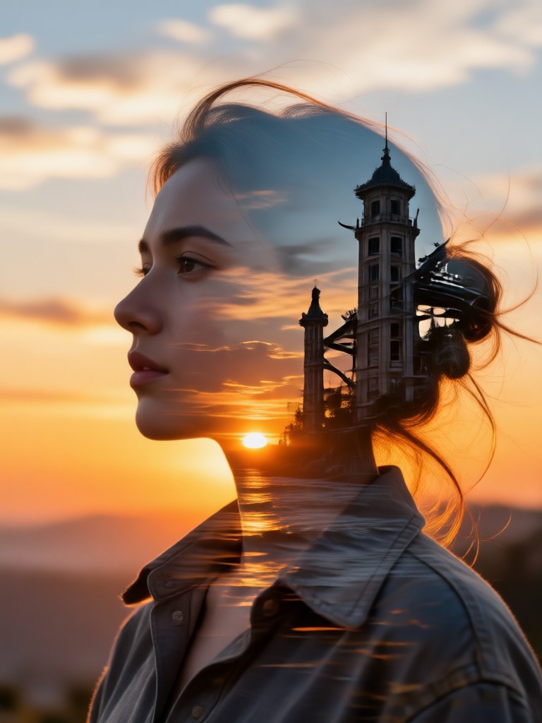 Retrato fusionado con transición de atardecer estrellado