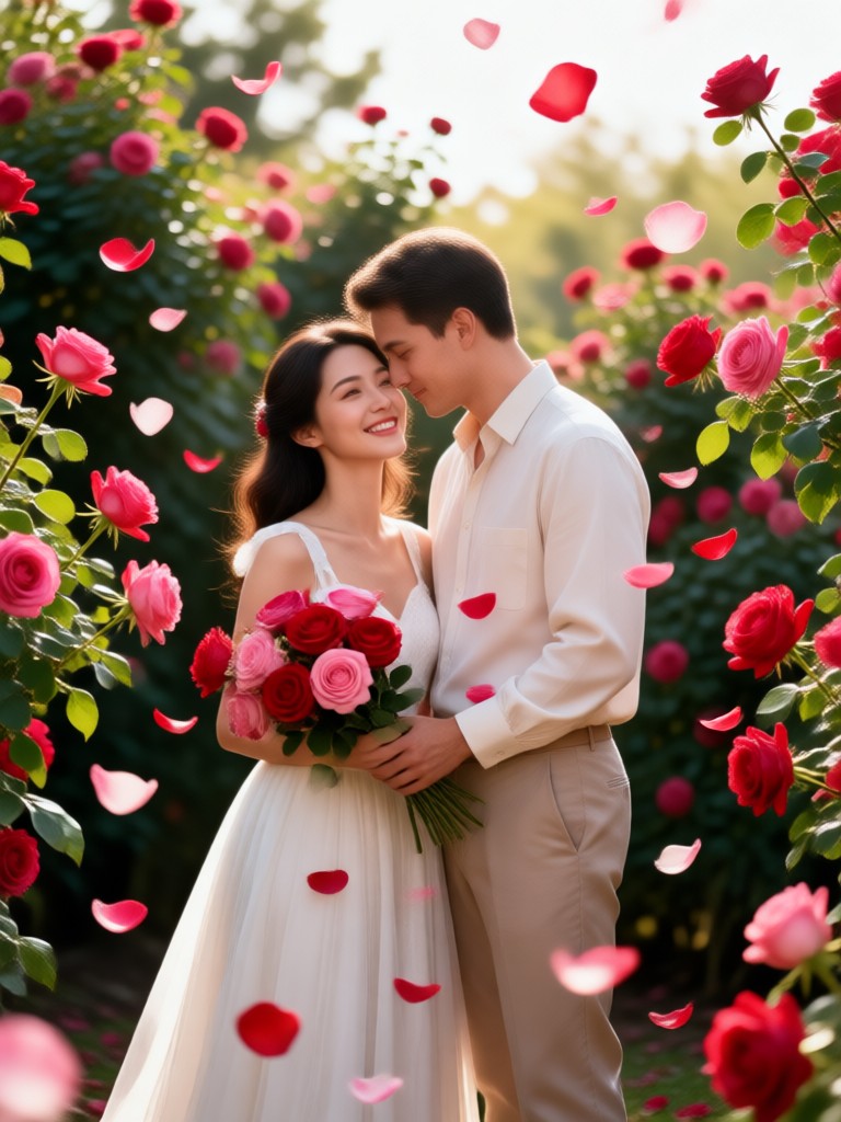 Black and white rose petal couple portrait AI generated