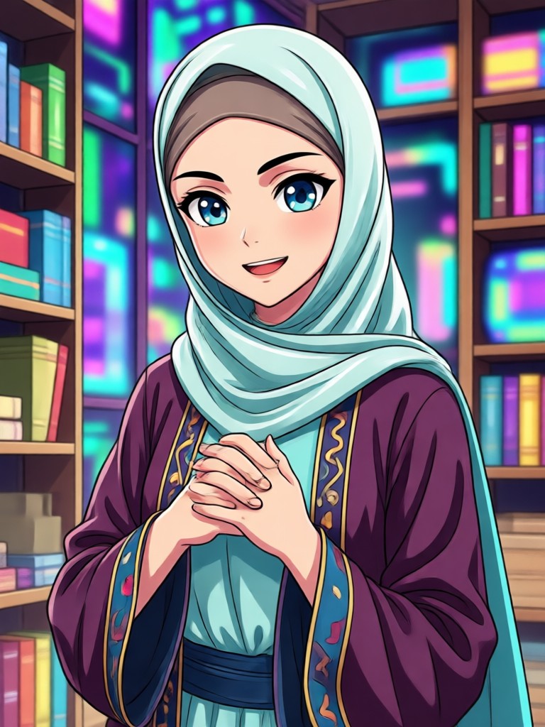 Menina muçulmana de anime estudando com livros