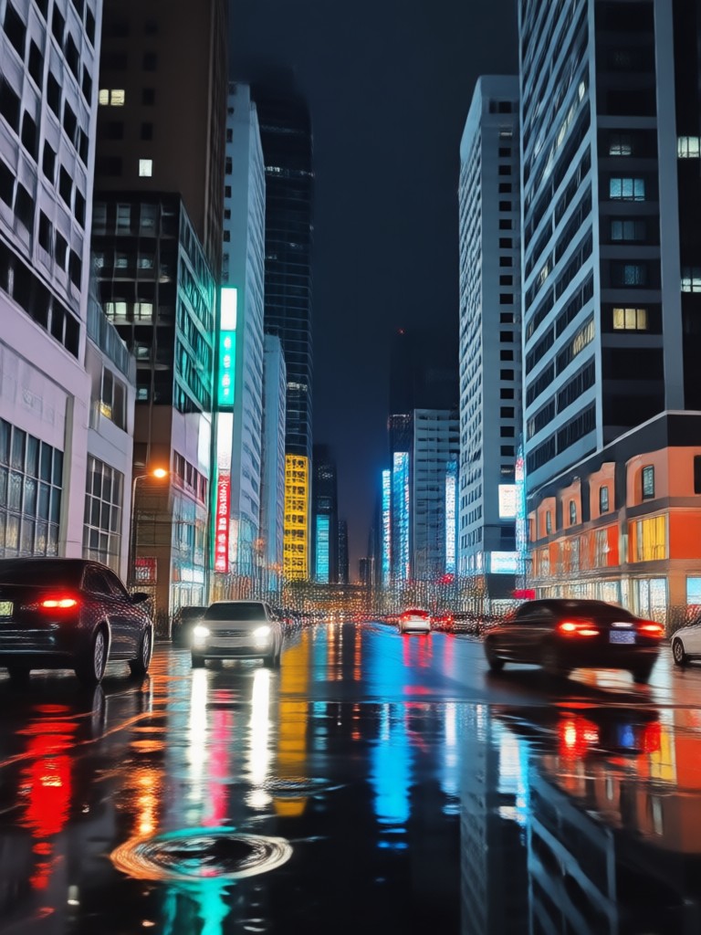 Reflective wet street with taxi lights