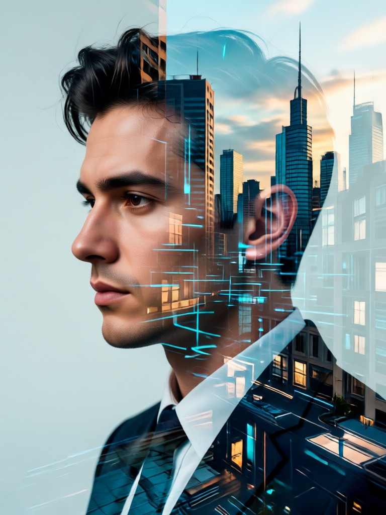 Double exposure portrait with forest overlay