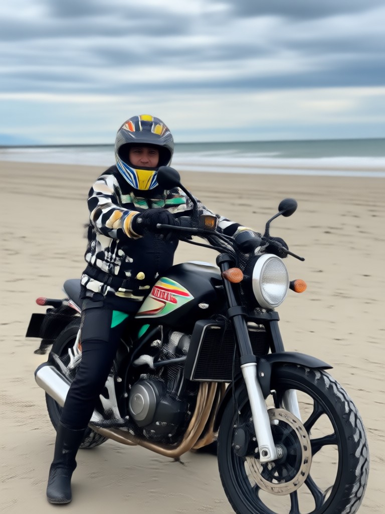 A futuristic motorcycle on a neon lit cyberpunk beach AI concept