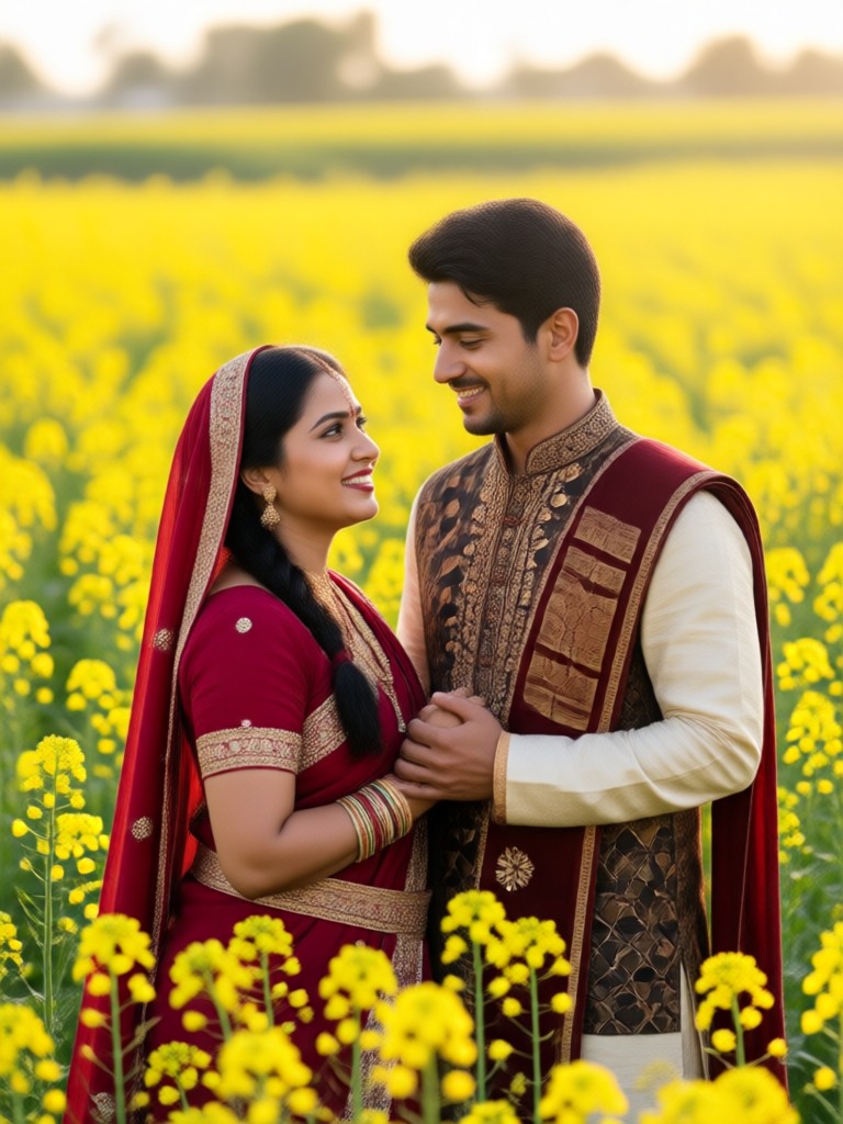 AI generated Indian couple portrait in a mustard field