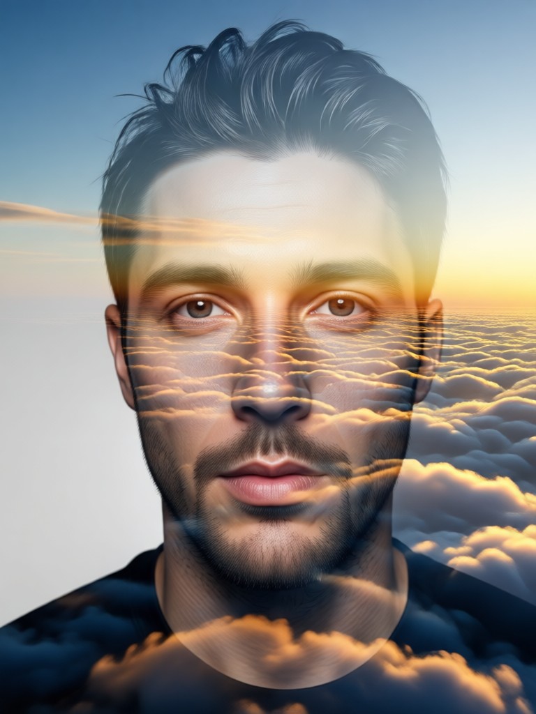 Mobile App zeigt den Erstellungsprozess eines Wolken-Doppelbelichtungsporträts