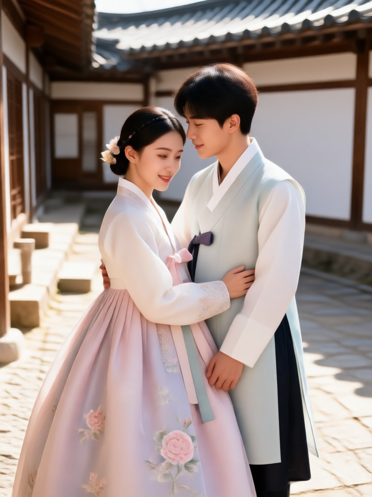 Royal wedding Hanbok couple in deep red and blue