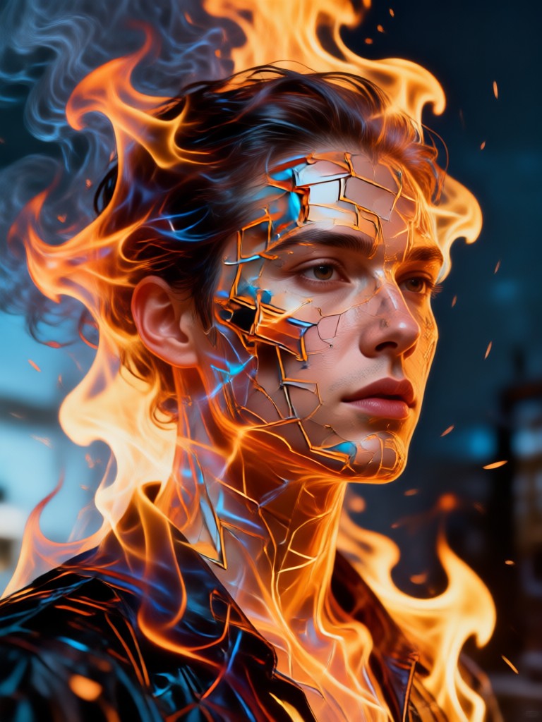 Fire double exposure portrait in forest