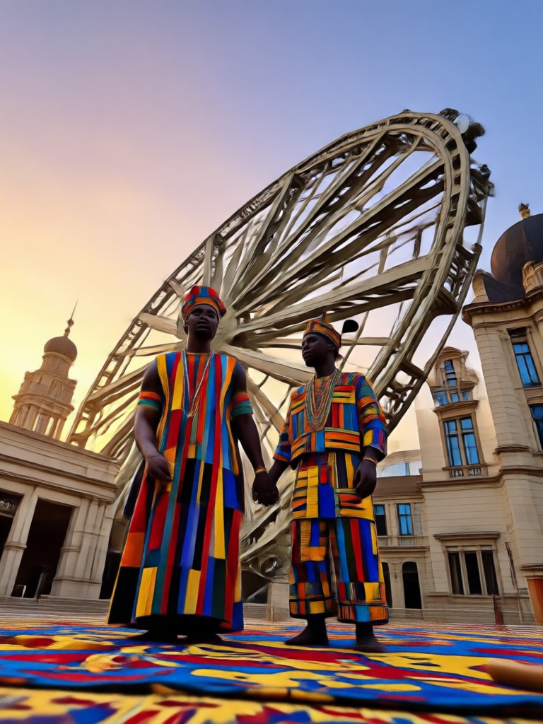 Zulu couple in vibrant Isicholo hats and patterned blankets