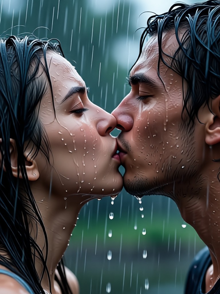 Forest path farewell kiss in rain with natural lighting