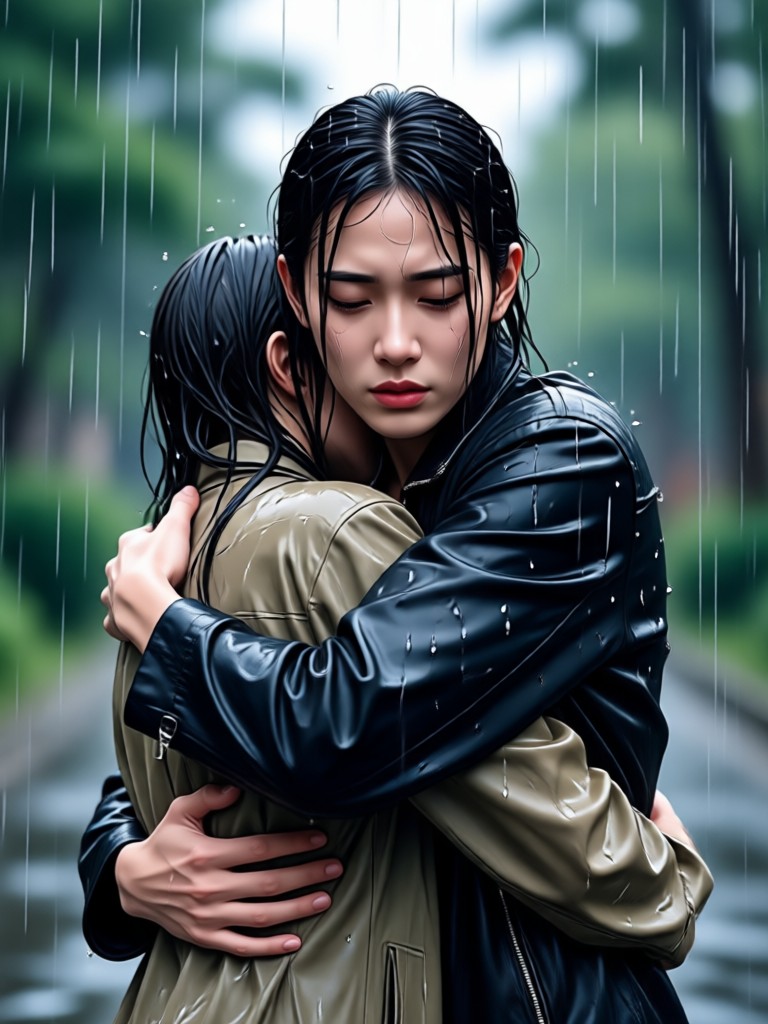Black and white dramatic rain hug