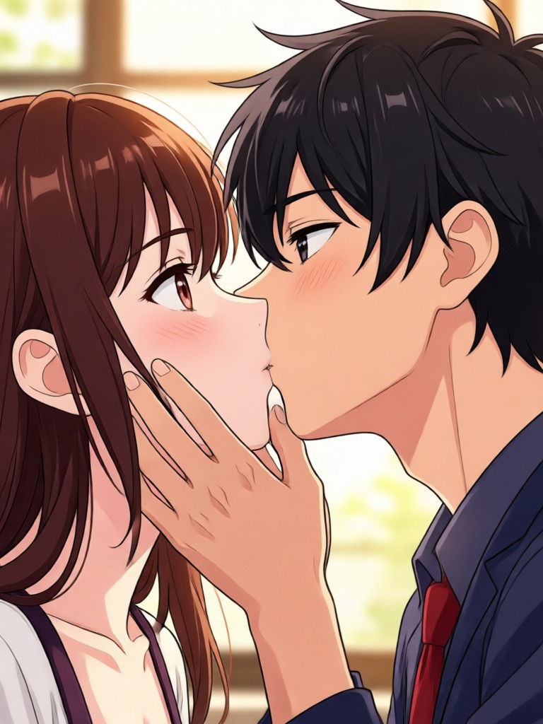 Snowy scene with a warm, intimate anime kiss
